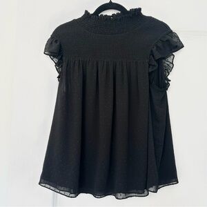 Lo Ven (M) Black Smocked Ruffle Short Sleeve Polka Dot Texture Bohemian Chic Top